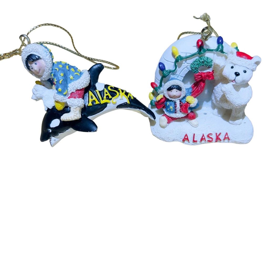 Alaska Collectible Set Of‎ 2 Christmas Ornaments Inuit Girl Dolphin Igloo
